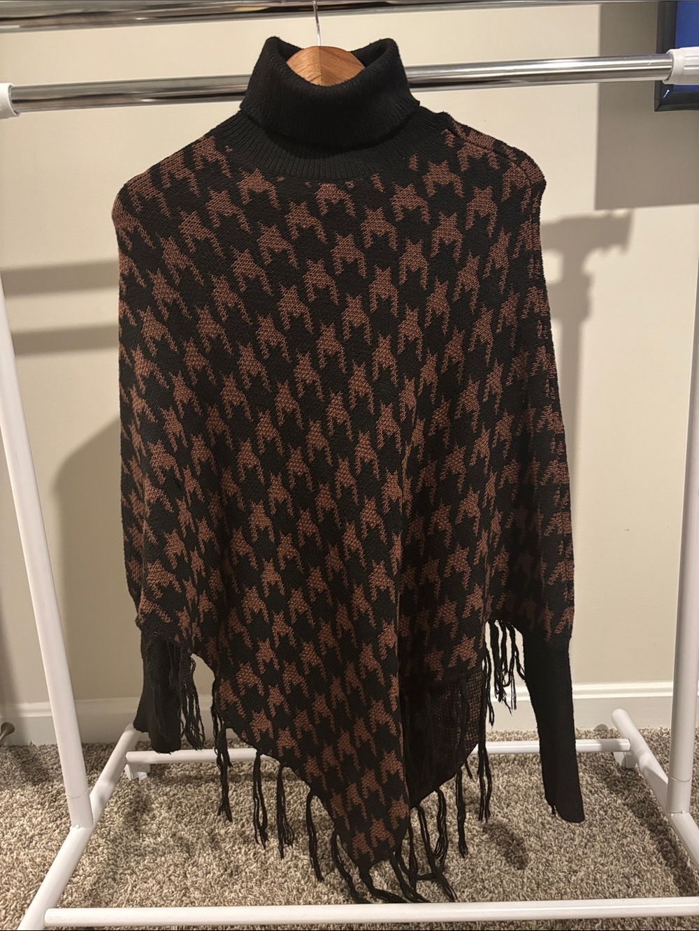 SHEIN Black and Brown Houndstooth Turtleneck Poncho Sweater